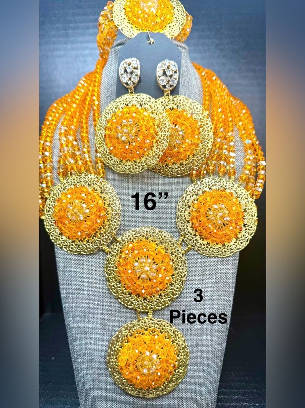 100. Gold-Tone Filigree Necklace & Earring Set with Orange Crystal Accents